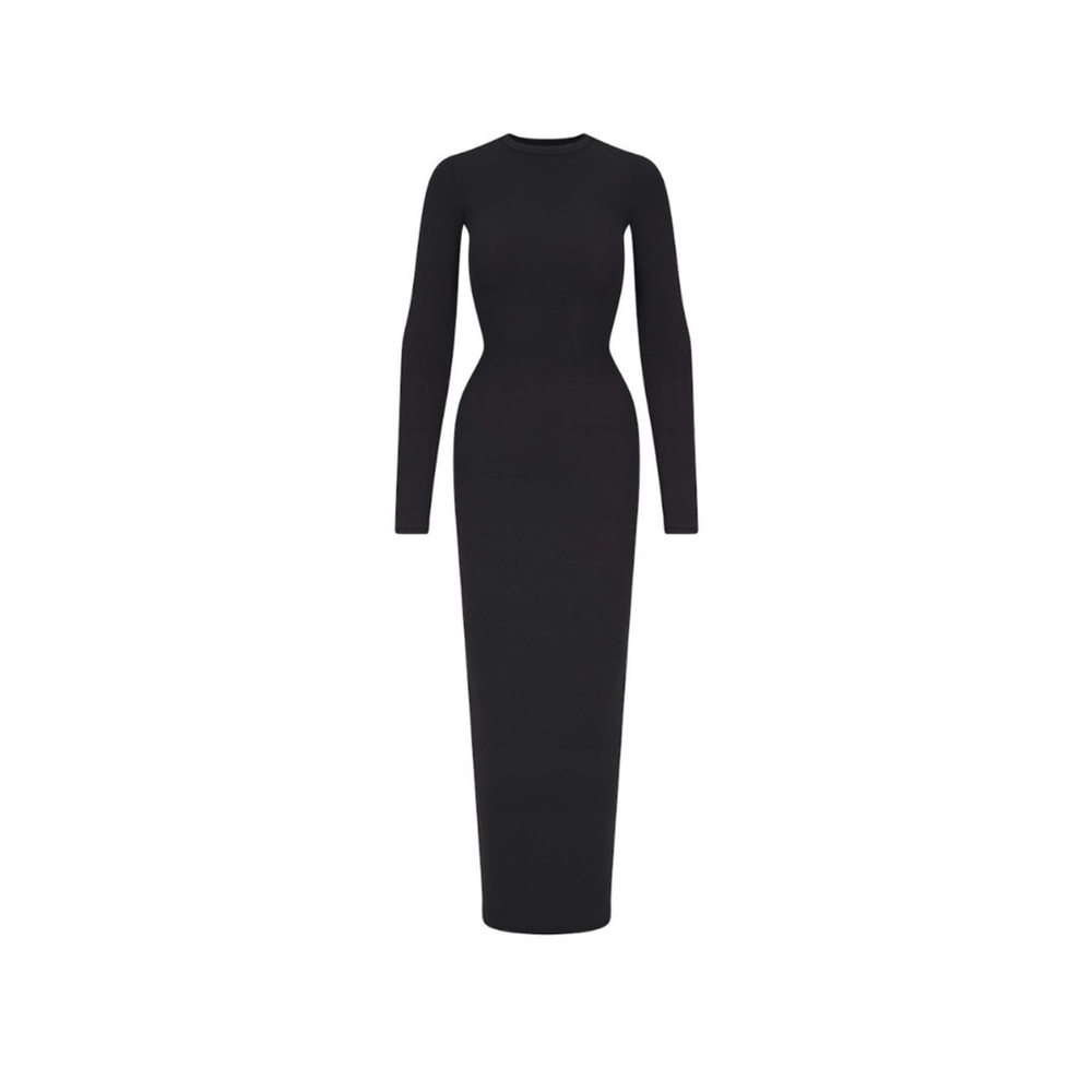 Skims Fits Everybody Crew Neck Long Sleeve Dress in XS (Black)